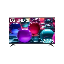 Skats no priekšpuses ar UHD UA73 TV, LG UHD Al logotips augšējā stūrī. LG UHD TV ir attēlotas krāsainas, gleznainas tekstūras, kas saplūst kopā.2