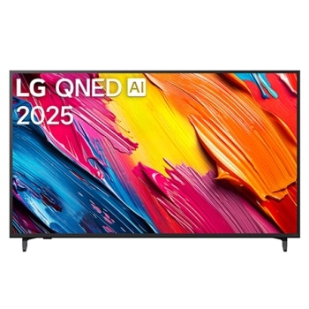 Skats no priekšpuses ar LG QNED70 TV, LG QNED Al logotips augšējā stūrī. LG QNED TV ir attēlotas krāsainas tekstūras, kas saplūst kopā.1