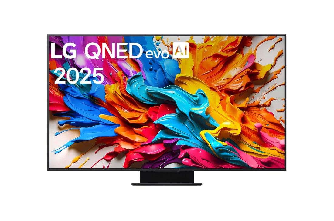 LG Bezvadu 75 collu LG QNED evo AI QNED9M MiniLED ar 4K video un audio pārsūtīšanu, „LG QNED evo AI QNED9M TV“ vaizdas iš priekio. „LG QNED evo AI“ logotipas priešingam kampe. Televizoriuje „LG QNED evo TV“ atvaizduojamos spalvingos dažus primenančios tekstūros. „Zero Connect Box“ ka, 75QNED9MA3B