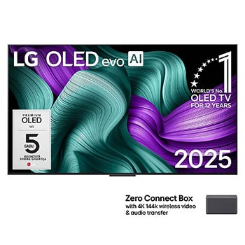 LG OLED M5 TV priekšējais skats. Ekrānā ir redzams 12&nbsp;gadus pasaulē vadošā OLED emblēma un LG OLED evo AI&nbsp;2025 logotips. Zero Connect Box stūrī ar nosaukumu, Zero Connect Box ar 4K 144Hz bezvadu video1