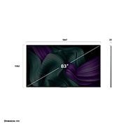 LG 83 collu LG OLED evo AI M5 4K viedtelevizors OLED83M5 ar 144 Hz bezvadu video un audio pārsūtīšanu, Skats no priekšpuses un sāniem ar LG OLED M5 TV, kas parāda tā garuma, platuma, augstuma un dziļuma izmērus., OLED83M59LA, thumbnail 3
