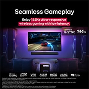 LG 83 collu LG OLED evo AI M5 4K viedtelevizors OLED83M5 ar 144 Hz bezvadu video un audio pārsūtīšanu, LG OLED M5 TV, kura ekrānā tiek spēlēta spēle, kas demonstrē vienmērīgu un nevainojamu spēli. Zero Connect Box var redzēt, taču tas labi saplūst kopā ar telpu. Ir redzami spēļu sertifikāti. Tekstā pie, OLED83M59LA, thumbnail 5