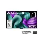 LG 83 collu LG OLED evo AI M5 4K viedtelevizors OLED83M5 ar 144 Hz bezvadu video un audio pārsūtīšanu, LG OLED M5 TV priekšējais skats. Ekrānā ir redzams 12&nbsp;gadus pasaulē vadošā OLED emblēma un LG OLED evo AI&nbsp;2025 logotips. Zero Connect Box stūrī ar nosaukumu, Zero Connect Box ar 4K 144Hz bezvadu video, OLED83M59LA, thumbnail 1