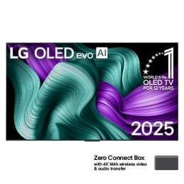 LG OLED M5 TV priekšējais skats. Ekrānā ir redzams 12 gadus pasaulē vadošā OLED emblēma un LG OLED evo AI 2025 logotips. Zero Connect Box stūrī ar nosaukumu, Zero Connect Box ar 4K 144Hz bezvadu video2