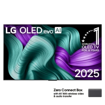 LG OLED M5 TV priekšējais skats. Ekrānā ir redzams 12 gadus pasaulē vadošā OLED emblēma un LG OLED evo AI 2025 logotips. Zero Connect Box stūrī ar nosaukumu, Zero Connect Box ar 4K 144Hz bezvadu video1