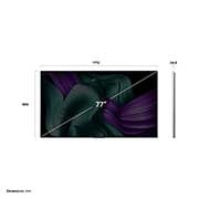 LG 77 collu LG OLED evo AI M5 4K viedtelevizors OLED77M5 ar 144 Hz bezvadu video un audio pārsūtīšanu, Skats no priekšpuses un sāniem ar LG OLED M5 TV, kas parāda tā garuma, platuma, augstuma un dziļuma izmērus., OLED77M59LA, thumbnail 3