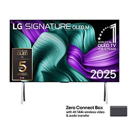 LG OLED M5 Signature TV priekšējais skats. Ekrānā ir redzams 12 gadus pasaulē vadošā OLED emblēma un LG Signature OLED M logotips. Zero Connect Box stūrī ar nosaukumu, Zero Connect Box ar 4K 144Hz bez2