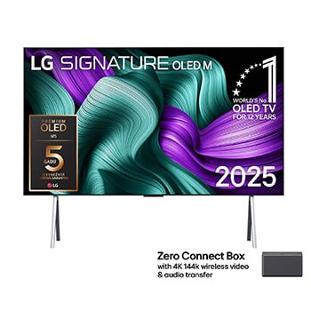 LG OLED M5 Signature TV priekšējais skats. Ekrānā ir redzams 12 gadus pasaulē vadošā OLED emblēma un LG Signature OLED M logotips. Zero Connect Box stūrī ar nosaukumu, Zero Connect Box ar 4K 144Hz bez1