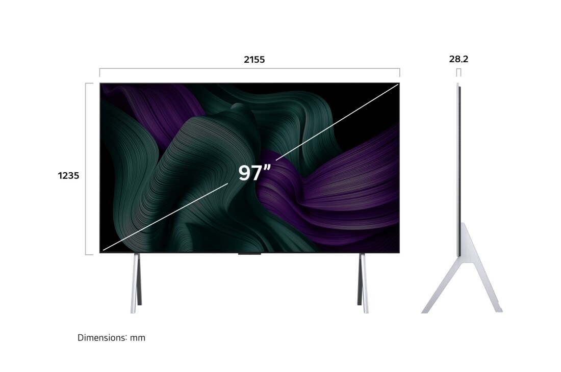 LG 97 collu LG SIGNATURE OLED M5 4K viedtelevizors OLED97M5 ar 144 Hz bezvadu video un audio pārsūtīšanu, Skats no priekšpuses un sāniem ar LG OLED M5 Signature TV, kas parāda tā garuma, platuma, augstuma un dziļuma izmērus., OLED97M59LA, thumbnail 3