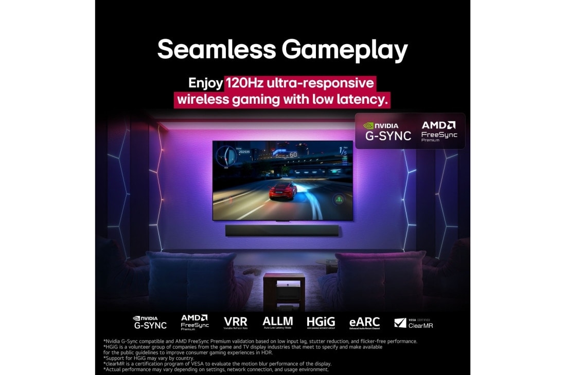 LG 97 collu LG SIGNATURE OLED M5 4K viedtelevizors OLED97M5 ar 144 Hz bezvadu video un audio pārsūtīšanu, LG OLED M5 TV teler, mille ekraanil mängitakse videomängu, demonstreerides sujuvat ja katkestusteta mängukogemust. Zero Connect Box-i on näha, kuid see sulandub hästi ruumiga. Mängude sertifikaadid on, OLED97M59LA, thumbnail 5