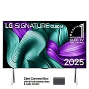 LG 97 collu LG SIGNATURE OLED M5 4K viedtelevizors OLED97M5 ar 144 Hz bezvadu video un audio pārsūtīšanu, LG OLED M5 Signature TV priekšējais skats. Ekrānā ir redzams 12 gadus pasaulē vadošā OLED emblēma un LG Signature OLED M logotips. Zero Connect Box stūrī ar nosaukumu, Zero Connect Box ar 4K 144Hz bez, OLED97M59LA, thumbnail 1