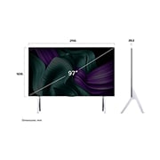 LG 97 collu LG SIGNATURE OLED M5 4K viedtelevizors OLED97M5 ar 144 Hz bezvadu video un audio pārsūtīšanu, Skats no priekšpuses un sāniem ar LG OLED M5 Signature TV, kas parāda tā garuma, platuma, augstuma un dziļuma izmērus., OLED97M59LA, thumbnail 3