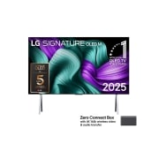 LG 97 collu LG SIGNATURE OLED M5 4K viedtelevizors OLED97M5 ar 144 Hz bezvadu video un audio pārsūtīšanu, LG OLED M5 Signature TV priekšējais skats. Ekrānā ir redzams 12&nbsp;gadus pasaulē vadošā OLED emblēma un LG Signature OLED M logotips. Zero Connect Box stūrī ar nosaukumu, Zero Connect Box ar 4K 120Hz bez, OLED97M59LA, thumbnail 1