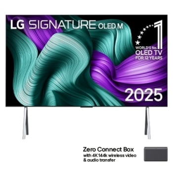 LG OLED M5 Signature TV priekšējais skats. Ekrānā ir redzams 12 gadus pasaulē vadošā OLED emblēma un LG Signature OLED M logotips. Zero Connect Box stūrī ar nosaukumu, Zero Connect Box ar 4K 144Hz bez1