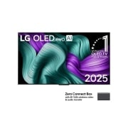 LG 65 collu LG OLED evo AI M5 4K viedtelevizors OLED65M5 ar 144 Hz bezvadu video un audio pārsūtīšanu, LG OLED M5 TV priekšējais skats. Ekrānā ir redzams 12 gadus pasaulē vadošā OLED emblēma un LG OLED evo AI 2025 logotips. Zero Connect Box stūrī ar nosaukumu, Zero Connect Box ar 4K 144Hz bezvadu video, OLED65M59LA, thumbnail 1