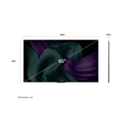 LG 65 collu LG OLED evo AI M5 4K viedtelevizors OLED65M5 ar 144 Hz bezvadu video un audio pārsūtīšanu, Skats no priekšpuses un sāniem ar LG OLED M5 TV, kas parāda tā garuma, platuma, augstuma un dziļuma izmērus., OLED65M59LA, thumbnail 3