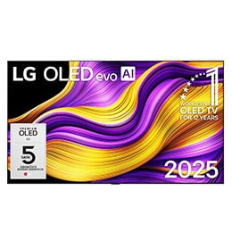 Skats no priekšpuses ar LG OLED evo AI G5 4K Smart TV. Ekrānā ir redzams 12 gadus pasaulē vadošā OLED emblēma un LG OLED evo AI 2025 logotips.2
