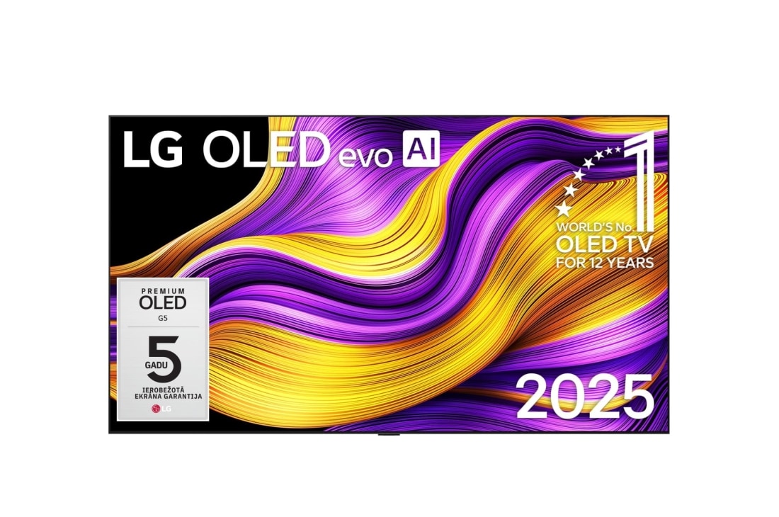 LG 97 collu LG OLED evo AI G5 4K viedtelevizors OLED97G5 2025, Skats no priekšpuses ar LG OLED evo AI G5 4K Smart TV. Ekrānā ir redzams 12 gadus pasaulē vadošā OLED emblēma un LG OLED evo AI 2025 logotips., OLED97G51LW