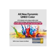 LG 50 collu LG QNED AI 4K viedtelevizors QNED70 2025, alpha 7 AI procesors Gen8 iedegas dzeltenā krāsā, un no tā izplūst krāsainas gaismas bultiņas. Nosaukumā ir runāts par to, kā procesors nodrošina 4K kvalitāti, satriecošu krāsu un spilgtumu., 50QNED70A6A, thumbnail 5