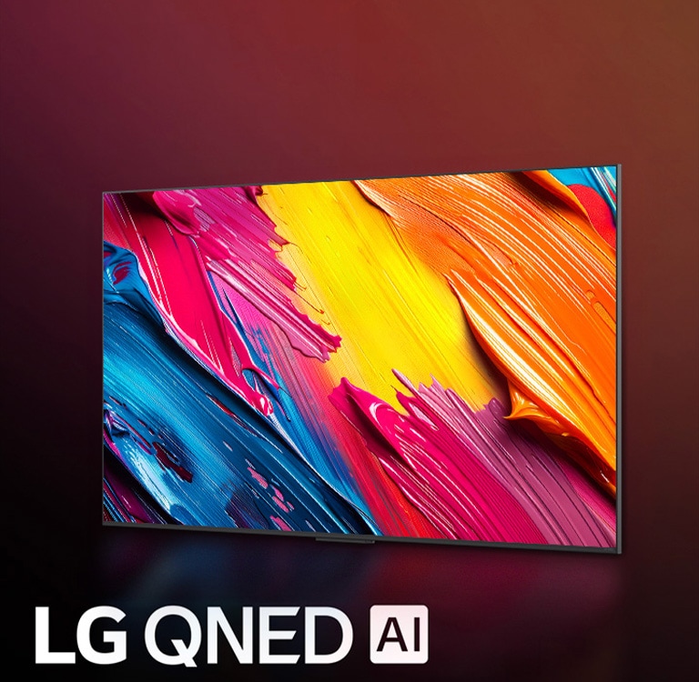 LG QNED TV uz krāsaina tumša fona. Ekrānā redzams spilgts un krāsains mākslas darbs ar QNED krāsu tehnoloģiju un iespēju parādīt plašu toņu spektru ar lielisku kontrastu. Redzams LG QNED AI logotips. Virsraksts: Visas krāsas precīzas ar dinamisko QNED Colour funkcionalitāti.