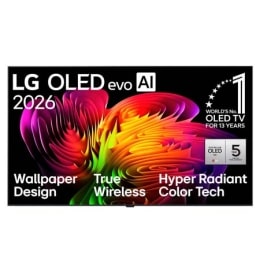 2026.&nbsp;gadā izlaistā LG OLED evo AI W6 Wallpaper TV priekšpuses skats, demonstrējot tā tīro Wallpaper dizainu, kamēr dinamiska un abstrakta viļņveida pārejas krāsu kompozīcija spilgtās daudzkrāsainās n