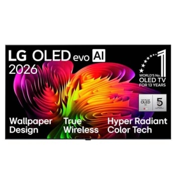 2026.&nbsp;gadā izlaistā LG OLED evo AI W6 Wallpaper TV priekšpuses skats, demonstrējot tā tīro Wallpaper dizainu, kamēr dinamiska un abstrakta viļņveida pārejas krāsu kompozīcija spilgtās daudzkrāsainās n