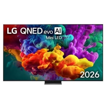 2026.&nbsp;gadā izlaista LG QNED evo AI QNED85 Mini LED priekšpuses skats, ekrāns ar dzīvīgām, plūstošām daudzkrāsainām, krāsas triepieniem līdzīgām kustībām, kurās bagātīgi slāņotu krāsu mākoņi vienmērīgi1