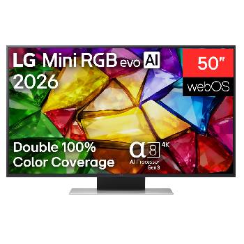 LG 50&nbsp;collu LG Mini RGB evo AI 4K viedtelevizors 2026, LG Mini RGB evo AI MRGB85, kas izlaists 2026. gadā, skats no priekšpuses: TV ar plānu melnu apmali un zemām kājiņām, savukārt ekrānā redzams dzīvīgs, kristālisks attēls ar asiem, daudzkrāsainiem un šķ, 50MRGB87B3B, thumbnail 1