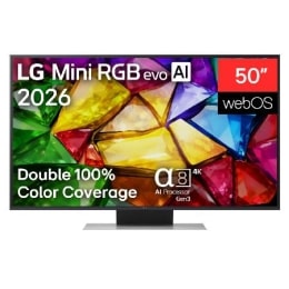 LG Mini RGB evo AI MRGB85, kas izlaists 2026. gadā, skats no priekšpuses: TV ar plānu melnu apmali un zemām kājiņām, savukārt ekrānā redzams dzīvīgs, kristālisks attēls ar asiem, daudzkrāsainiem un šķ