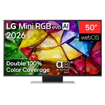 LG Mini RGB evo AI MRGB85, kas izlaists 2026. gadā, skats no priekšpuses: TV ar plānu melnu apmali un zemām kājiņām, savukārt ekrānā redzams dzīvīgs, kristālisks attēls ar asiem, daudzkrāsainiem un šķ