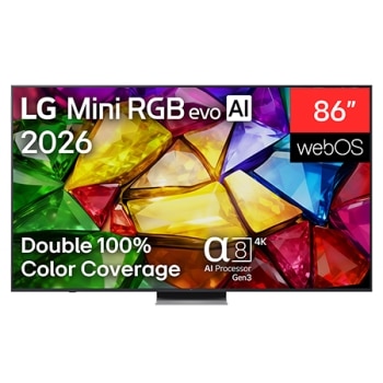 LG Mini RGB evo AI MRGB85, kas izlaists 2026. gadā, skats no priekšpuses: TV ar plānu melnu apmali un zemām kājiņām, savukārt ekrānā redzams dzīvīgs, kristālisks attēls ar asiem, daudzkrāsainiem un šķ