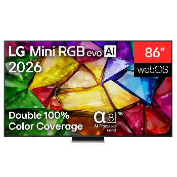 LG 86&nbsp;collu LG Mini RGB evo AI 4K viedtelevizors 2026, LG Mini RGB evo AI MRGB85, kas izlaists 2026. gadā, skats no priekšpuses: TV ar plānu melnu apmali un zemām kājiņām, savukārt ekrānā redzams dzīvīgs, kristālisks attēls ar asiem, daudzkrāsainiem un šķ, 86MRGB88B3B, thumbnail 1
