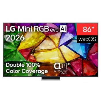 LG Mini RGB evo AI MRGB85, kas izlaists 2026. gadā, skats no priekšpuses: TV ar plānu melnu apmali un zemām kājiņām, savukārt ekrānā redzams dzīvīgs, kristālisks attēls ar asiem, daudzkrāsainiem un šķ1