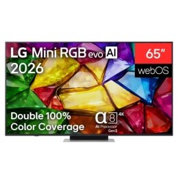 LG Mini RGB evo AI MRGB85, kas izlaists 2026. gadā, skats no priekšpuses: TV ar plānu melnu apmali un zemām kājiņām, savukārt ekrānā redzams dzīvīgs, kristālisks attēls ar asiem, daudzkrāsainiem un šķ2