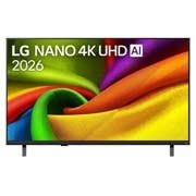 LG 43 collu LG NANO 4K UHD AI NU85 viedtelevizors 2026, 2026.&nbsp;gadā izlaistā LG NANO 4K UHD AI NU85 priekšpuses skats, ekrāns aizpildīts ar vienmērīgiem, plūstošiem, dzīvīgi krāsainu, audumam līdzīgu faktūru slāņiem, kamēr izliektas daudzkrāsainas krokas iz, 43NU850B3LA, thumbnail 1
