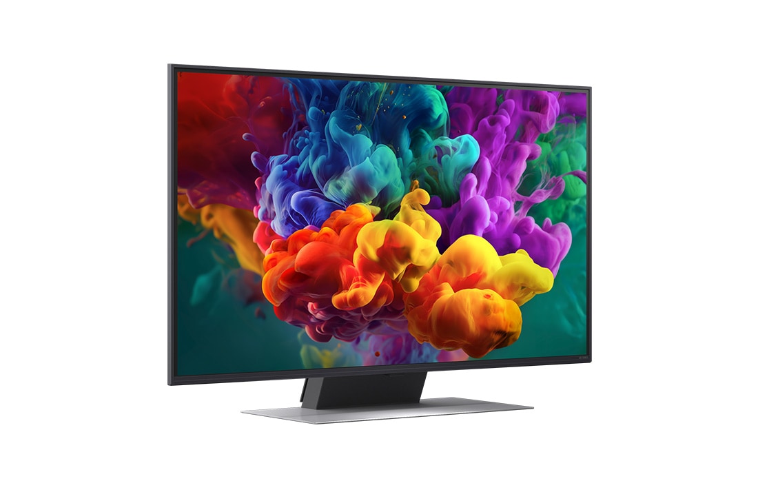 LG 43 collu LG QNED evo AI Mini-LED QNED86 4K viedtelevizors 2026, LG QNED evo AI QNED85 Mini LED no priekšpuses un sānu skata, izceļot 86" displeju ar 1928&nbsp;mm platu ekrānu, 1108&nbsp;mm ekrāna augstumu, 1175&nbsp;mm augstumu ar statīvu, 30,9&nbsp;mm plānu profila dziļumu un statīv, 43QNED86B3B, thumbnail 2