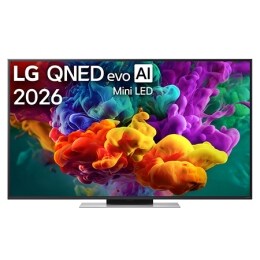 2026.&nbsp;gadā izlaista LG QNED evo AI QNED85 Mini LED priekšpuses skats, ekrāns ar dzīvīgām, plūstošām daudzkrāsainām, krāsas triepieniem līdzīgām kustībām, kurās bagātīgi slāņotu krāsu mākoņi vienmērīgi2