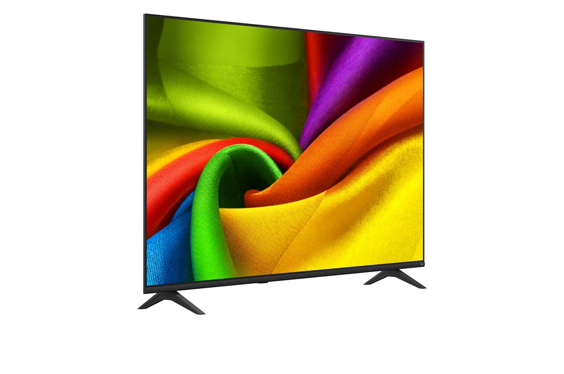 LG 65 collu LG NANO 4K UHD AI NU85 viedtelevizors 2026, LG NANO 4K UHD AI NU85 no priekšpuses un sānu skata, izceļot 98&nbsp;collu displeju ar 2184&nbsp;mm platu ekrānu, 1252&nbsp;mm ekrāna augstumu, 1346/1304&nbsp;mm augstumu ar statīvu, 74,5&nbsp;mm profila dziļumu un statīva no, 65NU850B3LA, thumbnail 3