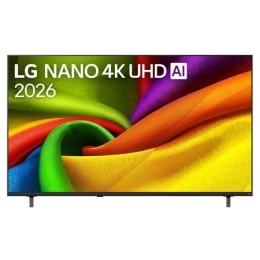 2026.&nbsp;gadā izlaistā LG NANO 4K UHD AI NU85 priekšpuses skats, ekrāns aizpildīts ar vienmērīgiem, plūstošiem, dzīvīgi krāsainu, audumam līdzīgu faktūru slāņiem, kamēr izliektas daudzkrāsainas krokas iz2