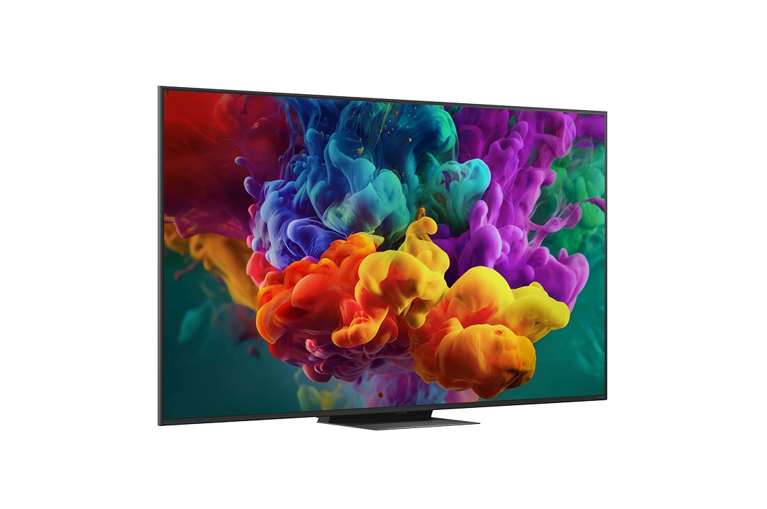 LG 65 collu LG QNED evo AI Mini-LED QNED87 4K viedtelevizors 2026, LG QNED evo AI QNED85 Mini LED no priekšpuses un sānu skata, izceļot 86" displeju ar 1928&nbsp;mm platu ekrānu, 1108&nbsp;mm ekrāna augstumu, 1175&nbsp;mm augstumu ar statīvu, 30,9&nbsp;mm plānu profila dziļumu un statīv, 65QNED87B3A, thumbnail 2