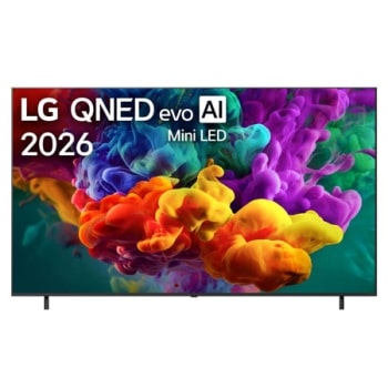 2026.&nbsp;gadā izlaista LG QNED evo AI QNED85 Mini LED priekšpuses skats, ekrāns ar dzīvīgām, plūstošām daudzkrāsainām, krāsas triepieniem līdzīgām kustībām, kurās bagātīgi slāņotu krāsu mākoņi vienmērīgi1