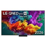 LG 86 collu LG QNED evo AI Mini-LED QNED87 4K viedtelevizors 2026, 2026.&nbsp;gadā izlaista LG QNED evo AI QNED85 Mini LED priekšpuses skats, ekrāns ar dzīvīgām, plūstošām daudzkrāsainām, krāsas triepieniem līdzīgām kustībām, kurās bagātīgi slāņotu krāsu mākoņi vienmērīgi, 86QNED87B3A, thumbnail 1