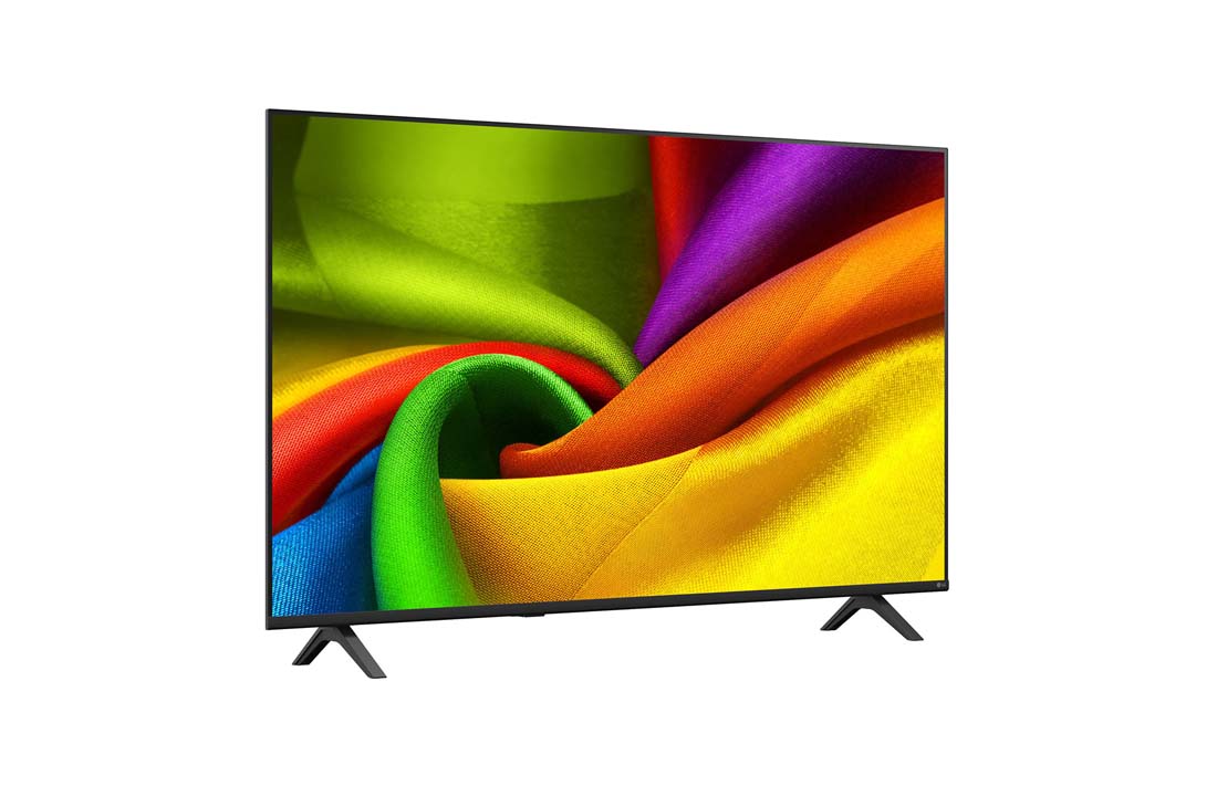LG 55 collu LG NANO 4K UHD AI NU85 viedtelevizors 2026, LG NANO 4K UHD AI NU85 no priekšpuses un sānu skata, izceļot 98&nbsp;collu displeju ar 2184&nbsp;mm platu ekrānu, 1252&nbsp;mm ekrāna augstumu, 1346/1304&nbsp;mm augstumu ar statīvu, 74,5&nbsp;mm profila dziļumu un statīva no, 55NU850B3LA, thumbnail 3