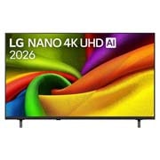 LG 55 collu LG NANO 4K UHD AI NU85 viedtelevizors 2026, 2026.&nbsp;gadā izlaistā LG NANO 4K UHD AI NU85 priekšpuses skats, ekrāns aizpildīts ar vienmērīgiem, plūstošiem, dzīvīgi krāsainu, audumam līdzīgu faktūru slāņiem, kamēr izliektas daudzkrāsainas krokas iz, 55NU850B3LA, thumbnail 1