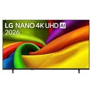 LG 75 collu LG NANO 4K UHD AI NU85 viedtelevizors 2026, 2026.&nbsp;gadā izlaistā LG NANO 4K UHD AI NU85 priekšpuses skats, ekrāns aizpildīts ar vienmērīgiem, plūstošiem, dzīvīgi krāsainu, audumam līdzīgu faktūru slāņiem, kamēr izliektas daudzkrāsainas krokas iz, 75NU850B3LA, thumbnail 1