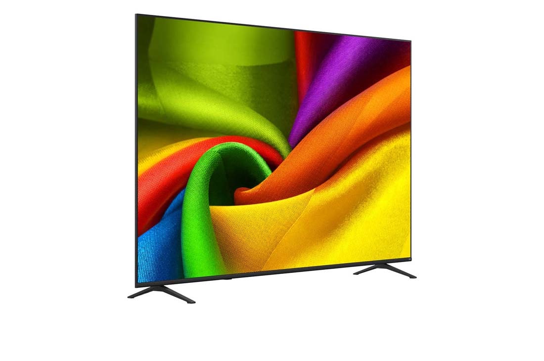 LG 85 collu LG NANO 4K UHD AI NU85 viedtelevizors 2026, LG NANO 4K UHD AI NU85 no priekšpuses un sānu skata, izceļot 98&nbsp;collu displeju ar 2184&nbsp;mm platu ekrānu, 1252&nbsp;mm ekrāna augstumu, 1346/1304&nbsp;mm augstumu ar statīvu, 74,5&nbsp;mm profila dziļumu un statīva no, 85NU850B3LA, thumbnail 3