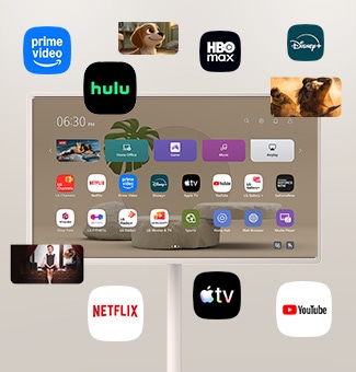 LG StanbyME 2 Max LX6 pārvietojamais ekrāns ar dažādiem OTT pakalpojumiem attēlo straumēšanas lietotņu, piemēram, Netflix un YouTube, saskarnes ekrānā un ap to, nodrošinot piekļuvi daudzveidīgam saturam, tostarp seriāliem, filmām un mūzikai.