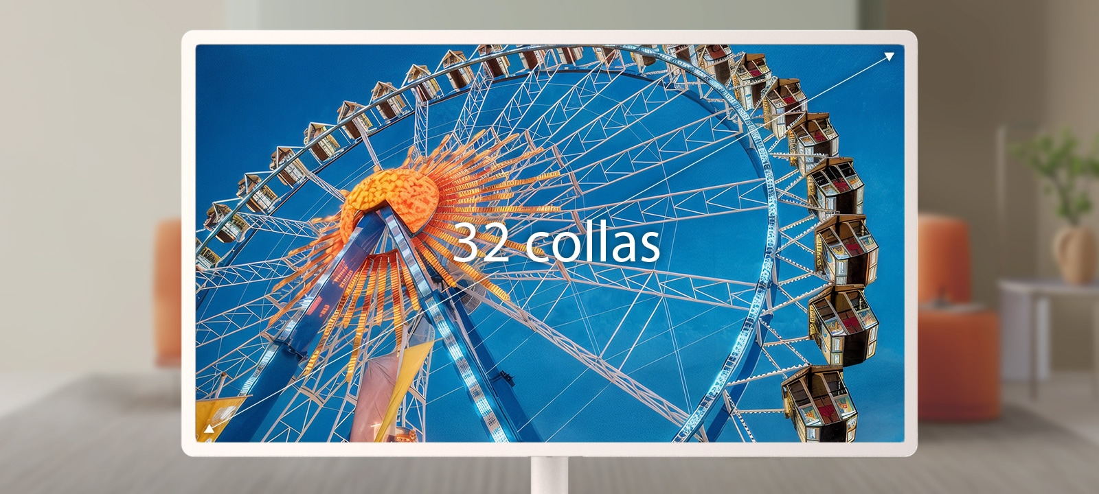LG StanbyME 2 Max LX6 pārvietojamais ekrāns ar 32 collu ekrānu rāda panorāmas rata attēlu, kur lielāks displejs uzlabo mērogu un vizuālo skaidrību, nodrošinot iespaidīgāku skatīšanās pieredzi iekštelpās.