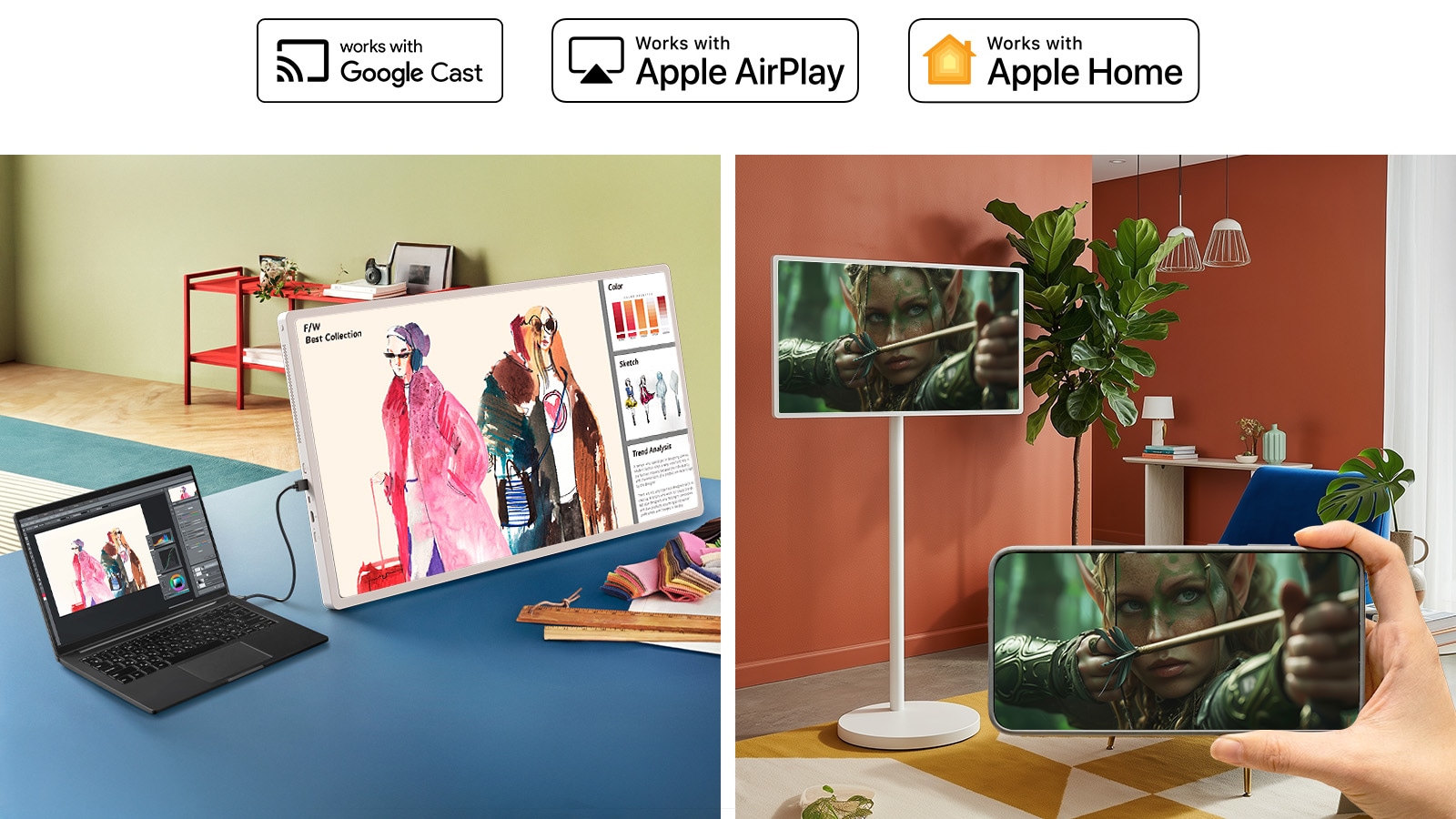 LG StanbyME 2 Max LX6 pārvietojamais ekrāns ar spoguļošanas un savienojamības funkciju attēlo sapulces materiālus no klēpjdatora, izmantojot HDMI, un spoguļo filmas ainu, izmantojot iepriekš redzamos Google Cast, Apple AirPlay un Apple Home logotipus.