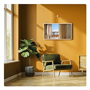LG 32 collu LG StanbyME 2 Max LX6 pārvietojams ekrāns, LG StanbyME 2 Max LX6 pārvietojamais ekrāns ir piestiprināts pie sienas ar piekares siksnu siltos toņos iekārtotā telpā, attēlojot balkona skatu uz okeānu caur aizkariem, izceļot elastīgu novietojumu , 32LX6BPGA, thumbnail 15